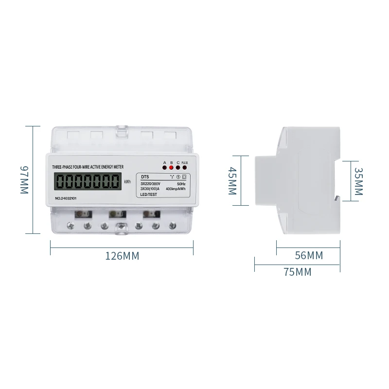 Three Phase Four Wire Din Rail Energy Meter 380V LCD Electronic Watt Power Meter Wattmeter kWh 100A AC LCD 7P 50Hz 3P4W DTS017