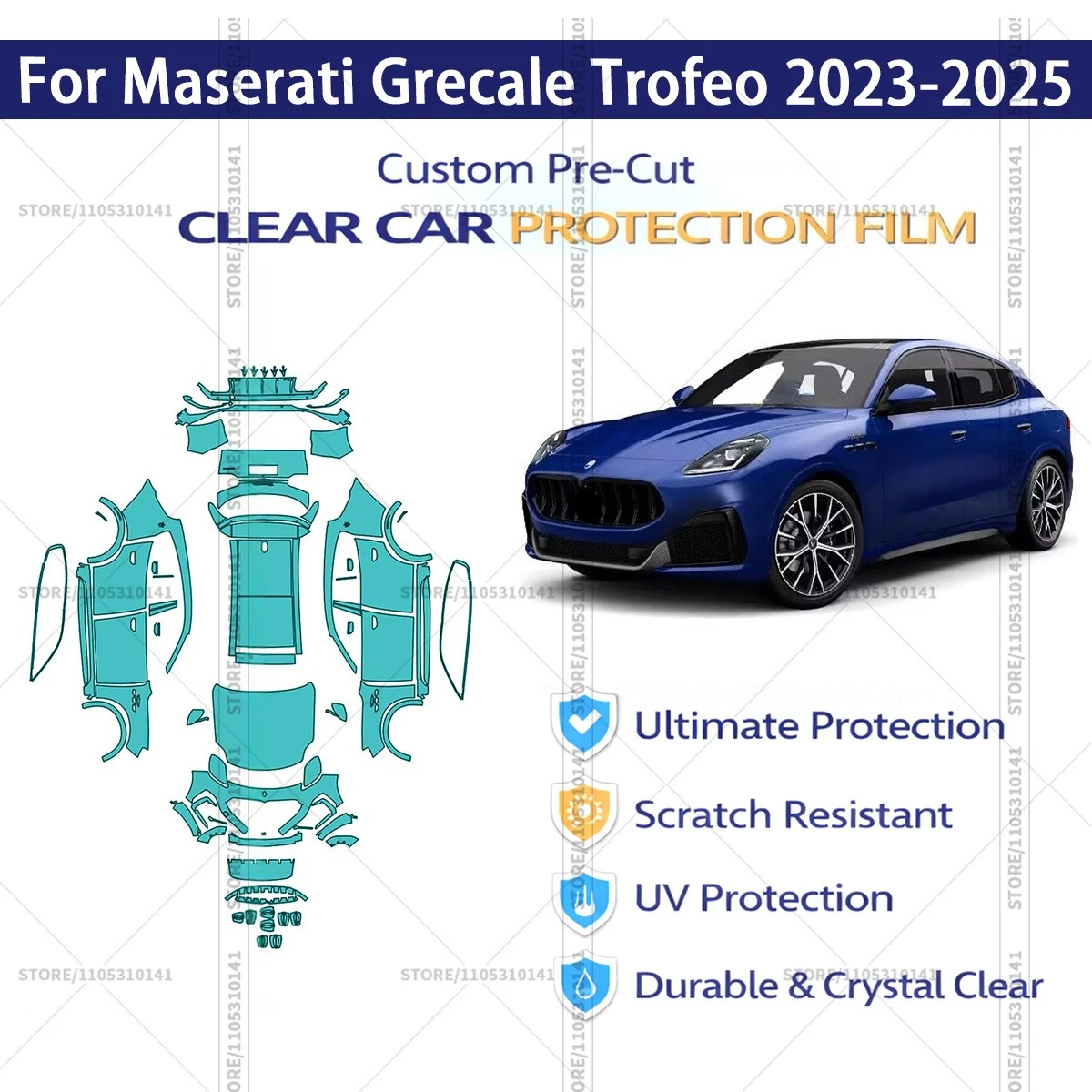

Для Maserati Grecale Trofeo 2023-2025: Предварительно вырезанная прозрачная защитная пленка (PPF) для автомобиля, полная защита кузова