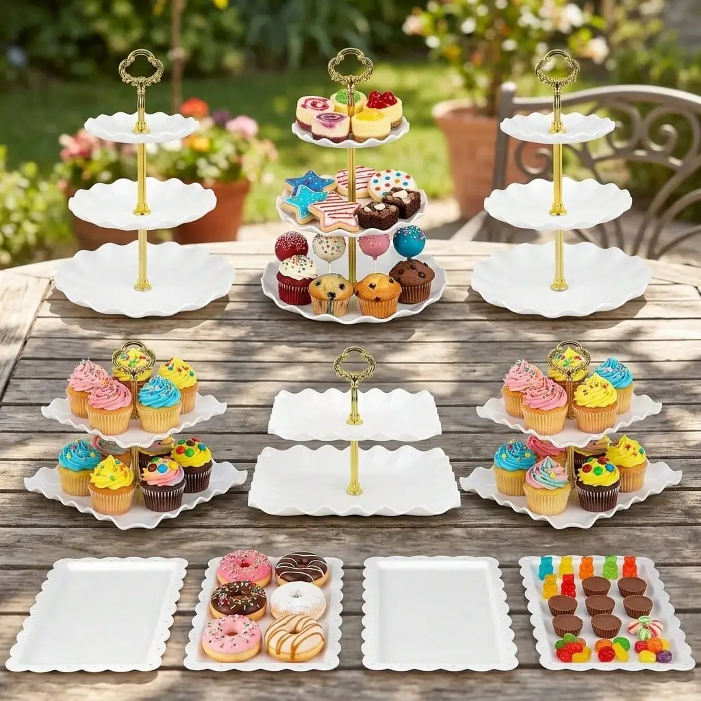 10-Pack Cake Stand Set With 3 Two-Tier And 3 Three-Tier Cupcake Stands, Plastic Dessert Display Stand Set With 4 Serving Trays For Cookies, Cakes, Pastries, Snacks, Party, Wedding And Birthday Decoration