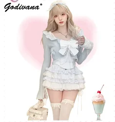 2024 New Autumn Sweet Girls Milk Blue Knitted Cardigan + Bow Suspender + White Cake Skirt 3 Piece Set Women's Sweet Outfits