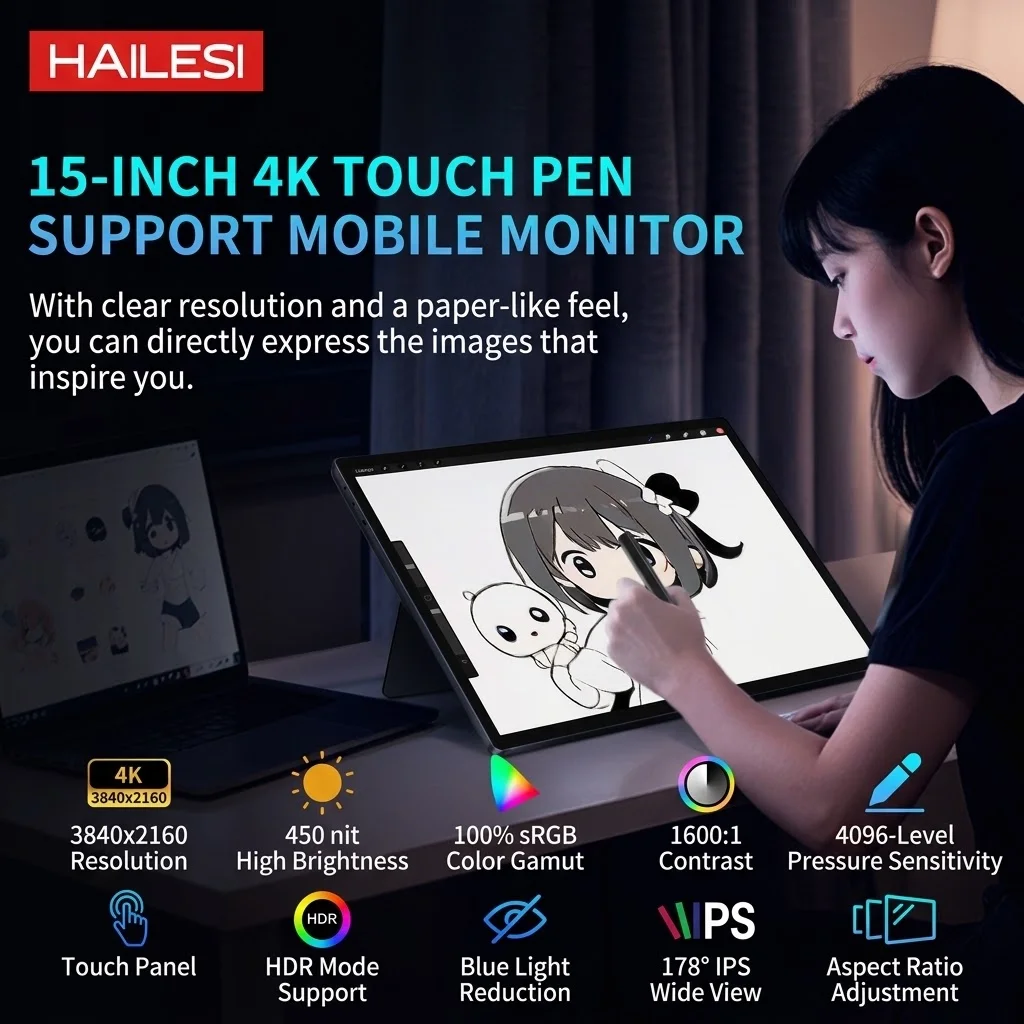 HAILESI S150AP 4K 15inches Hand-Drawn Portable Monitor 4096-Level Pressure Sensitivity 100%sRGB 450nits 3240*2160