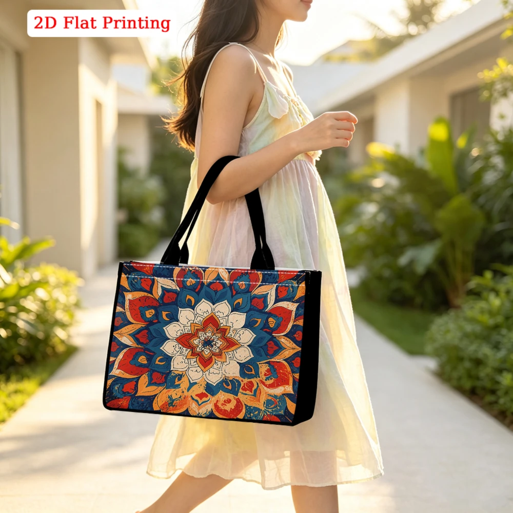Vintage Boho Symmetric Mandala Sunburst Retro Colorful Distressed Print Large Tote Bag, Bohemian Ethnic Aesthetic Handbag