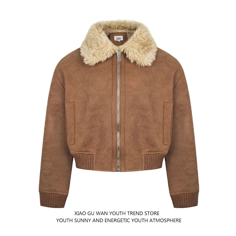 Kurtka zamszowa dla par, bawełniana, luźna, ciepła odzież wierzchnia na zimę, młodzieżowa moda, styl amerykański casual, bez kaptura, zapinana na zamek.