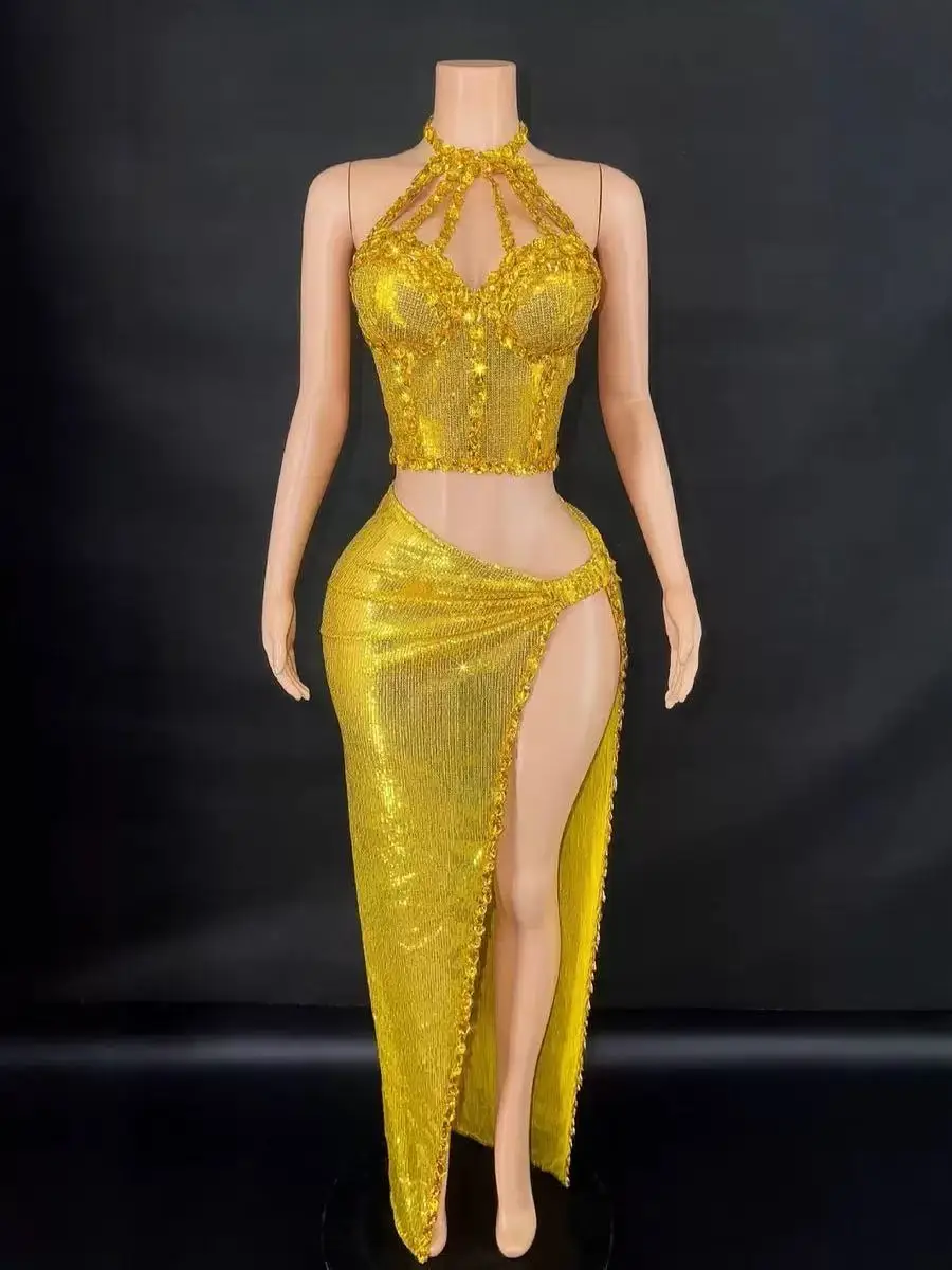 Vrouwen sexy vieren verjaardag jurk stadium dans kostuum fotoshoot dragen sprankelende strass pailletten crop top twee stukken jurk