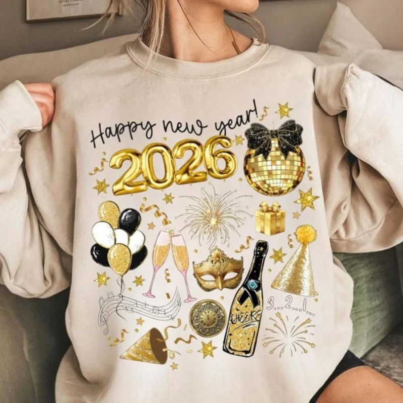 

Толстовки с принтом DTF, с Новым годом 2026, коллаж, диско-шар, блестящие воздушные шары, теплый свитшот, пуловер с длинными рукавами