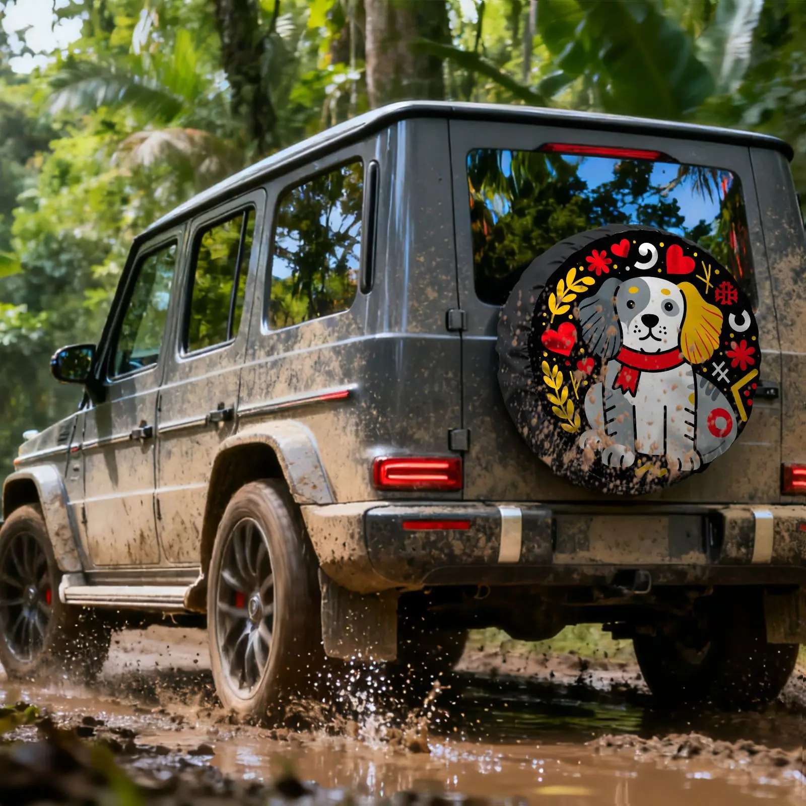 Cartoon Dog Print Tire Cover, Polyester Material With Red Heart Flower Geometric Pattern, Gray White Yellow Design, Spare Tire