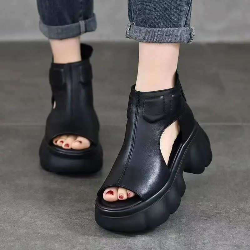 Women Leather High Top Wedges Peep Toe Sandals Summer New Thick Sole Lightweight Breathable Casual Beach Sandals Ankle Cool Boot - view 2