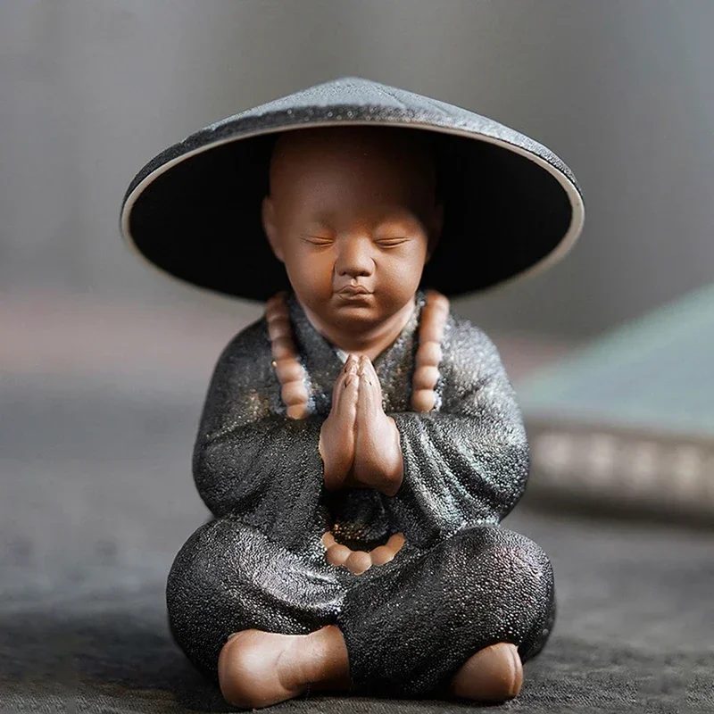 Black Pottery Buddhist Monks Miniature Figurines Buddha Statue Sculpture Tea Filter Funel Set Ornaments Home Docor Decoration