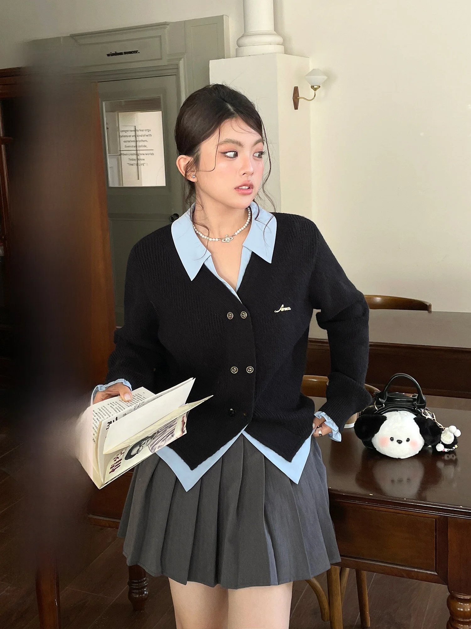 

Spring plus Size Women's Sweet And Spicy Knitwear Slimming College Sle Long Sve Unique Beautiful Sweater Fake Two-Piece