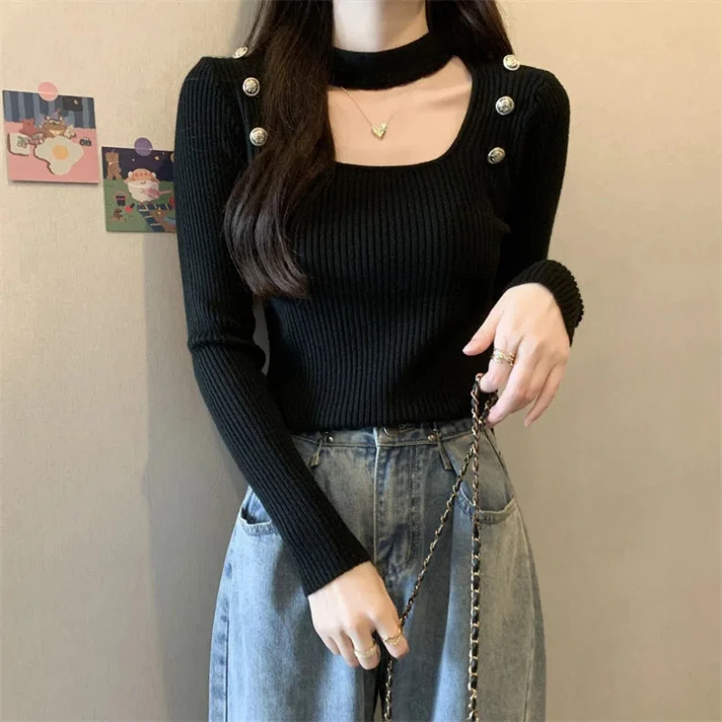 Autumn Winter New Unique and Chic Square Neck Hanging Pullovers Women's Clothing Neck Niche Sweater Knitted Base Sweater Tops