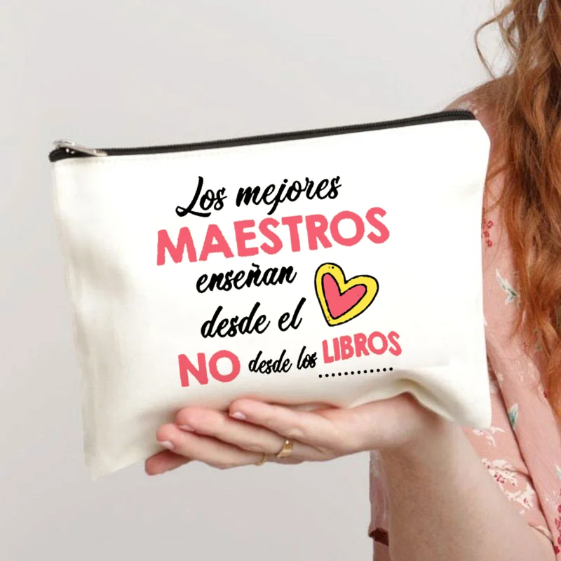 Espanhol impresso maquiagem bolsa lápis caso professor vida escolar artigos de papelaria suprimentos sacos de armazenamento viagem maquiagem lavagem organizador presentes