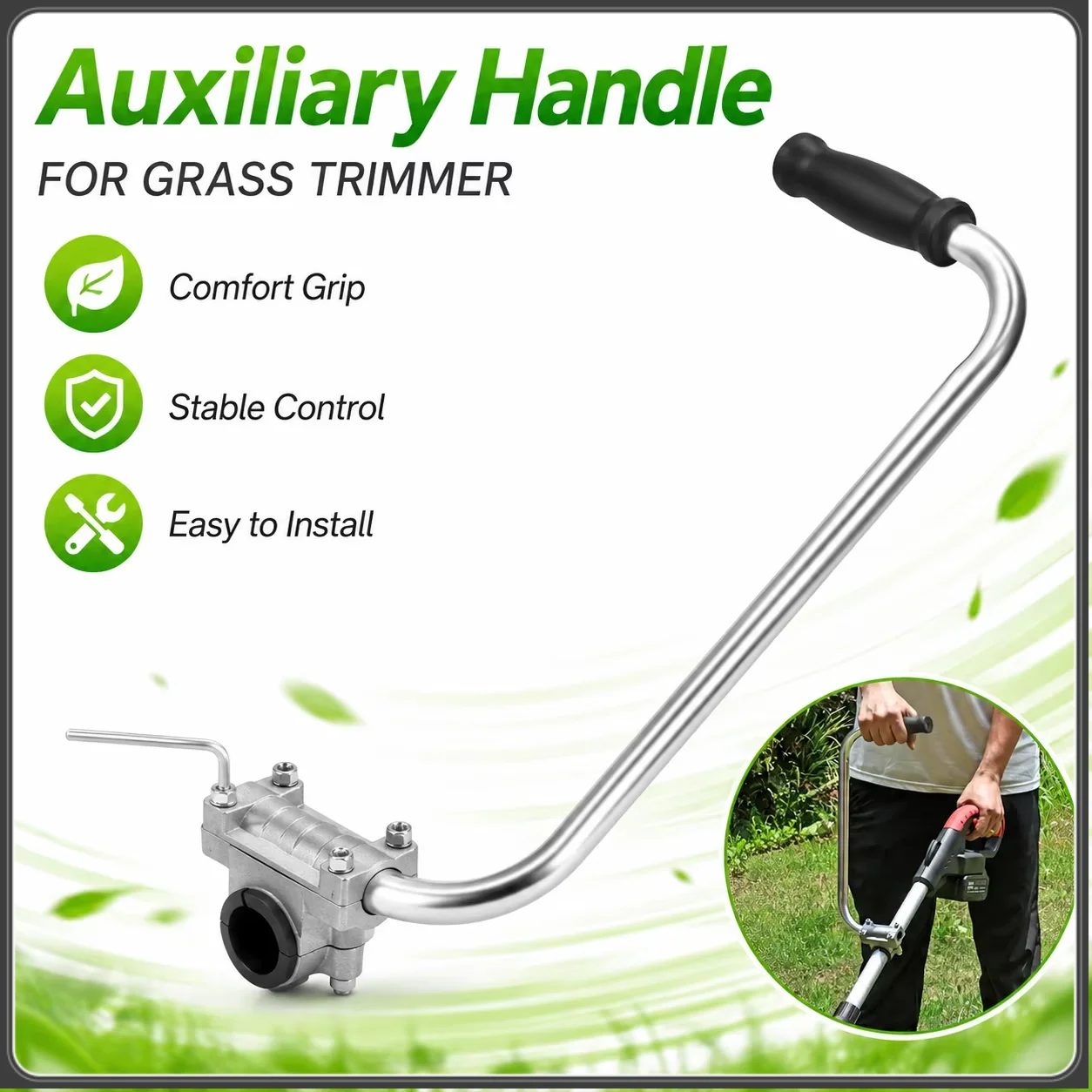 Grass Trimmer Auxiliary Metal Handle Comfort Grip Stable Control Easy Install Lawn Weed Wacker String Trimmer Replace Accessory
