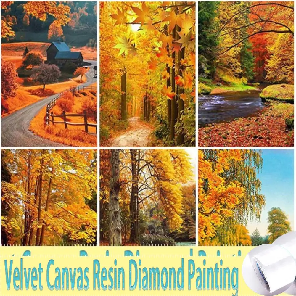 Peinture de toile de velours de paysage carré complet, kits de point de croix de diamant de résine, mosaïque de bricolage 5D, vente de broderie, paysage d'automne, maison