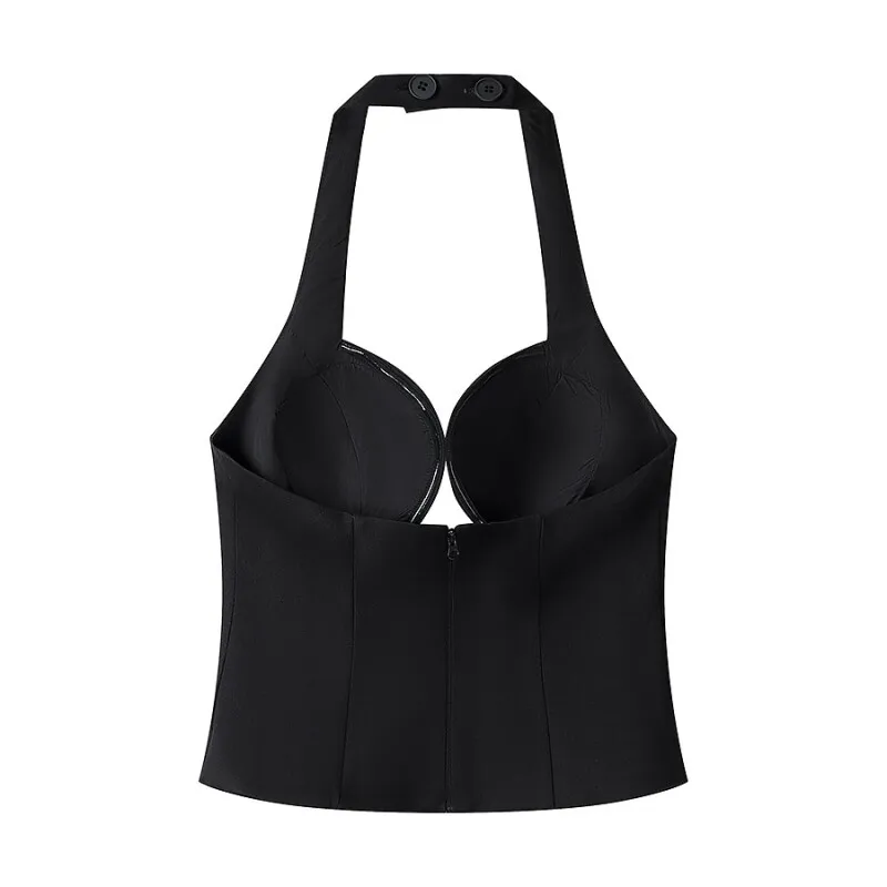 Spring Summer Women Elegant Sexy Halter Sleeveless Tank Top Back Zipper Front Hollow Bodycon Slim Crop Top Party Travel
