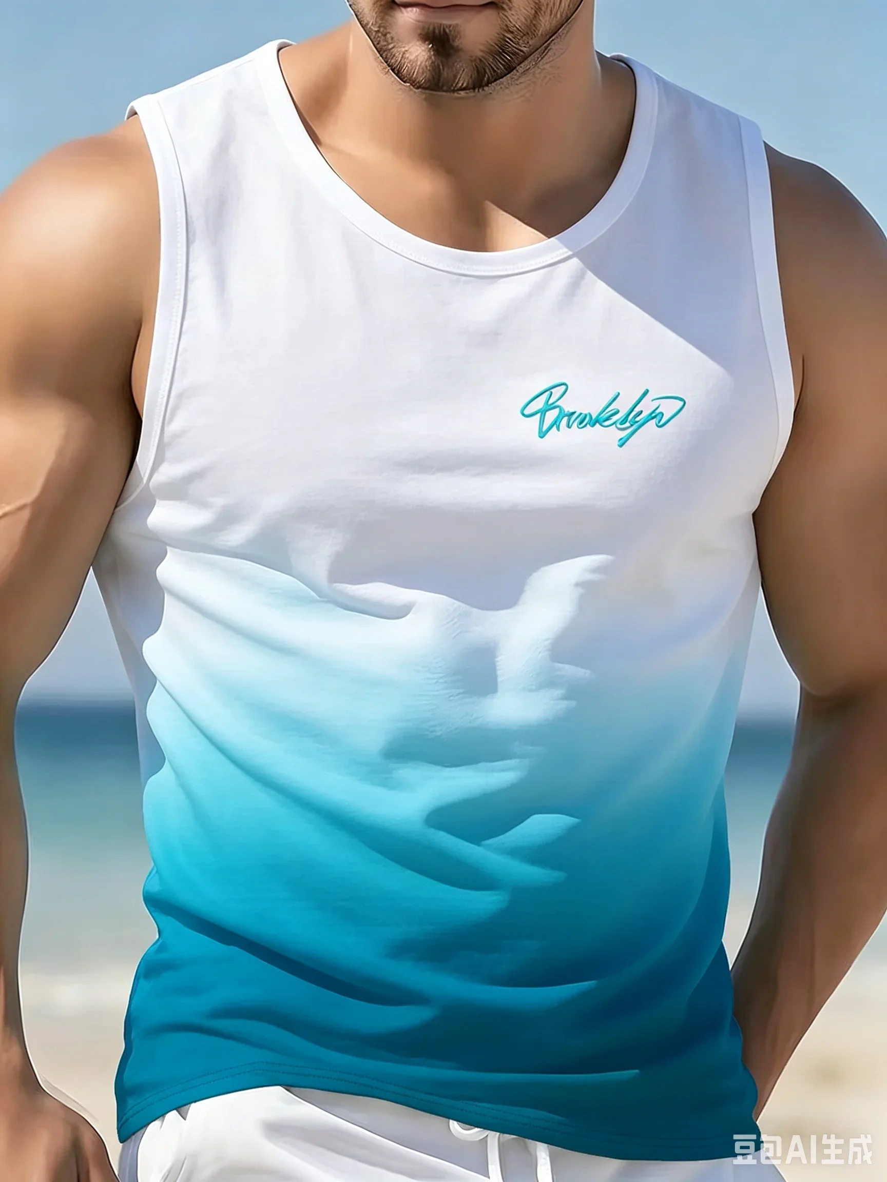 Fashion New Brooklyn Cursive Teal Gradient Color Block Men Tank Tops Color Contrast Casual Beach Vest Trend Man Clothes