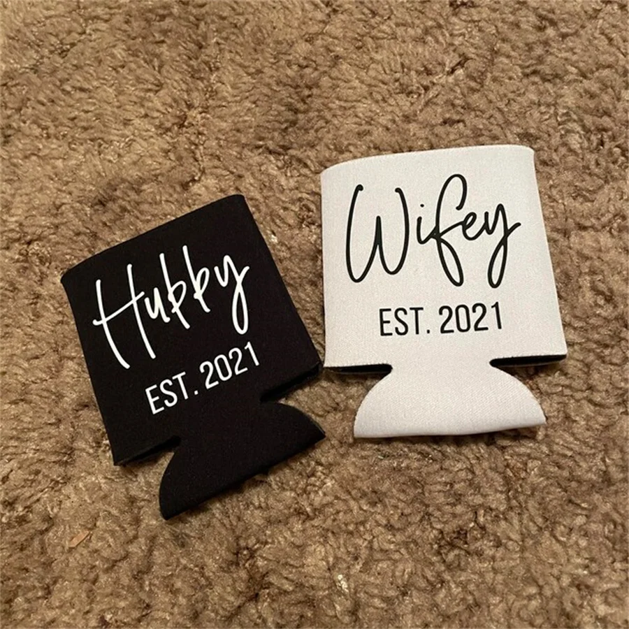 Wifey and Hubby Couple Can Cooler Gift \\ Newly Married or Engaged Wedding Gift \\ Matching His and Hers Can Coolers