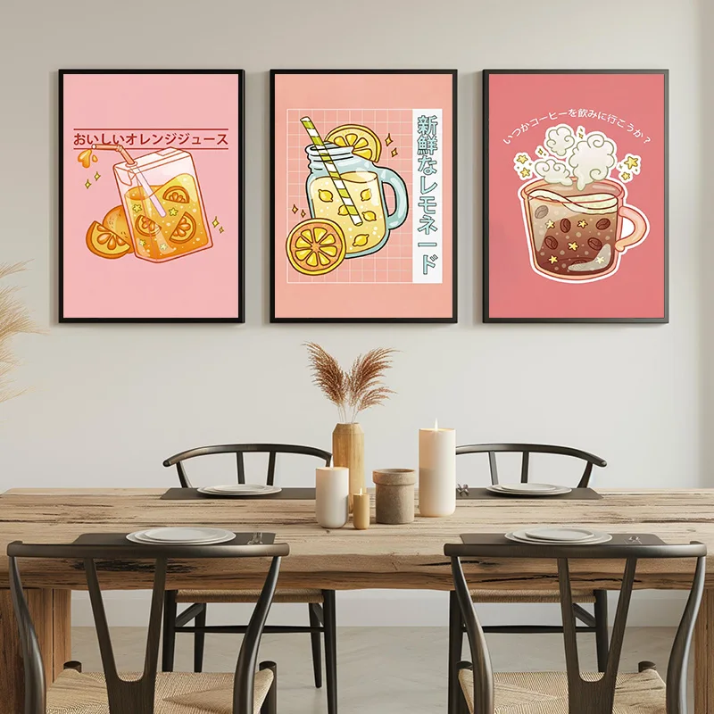 1pc frameless Canvas Painting Kawaii Japanese Juice Milk Tea Strawberry Cartoon Animals Canvas Paintings Food Posters and Prints