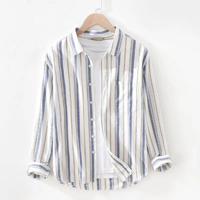 

Youth Men's Linen Shirt Striped Square Neck Long Sleeve Casual Cotton Linen Blend Deformable Daily Wear Pocket Design