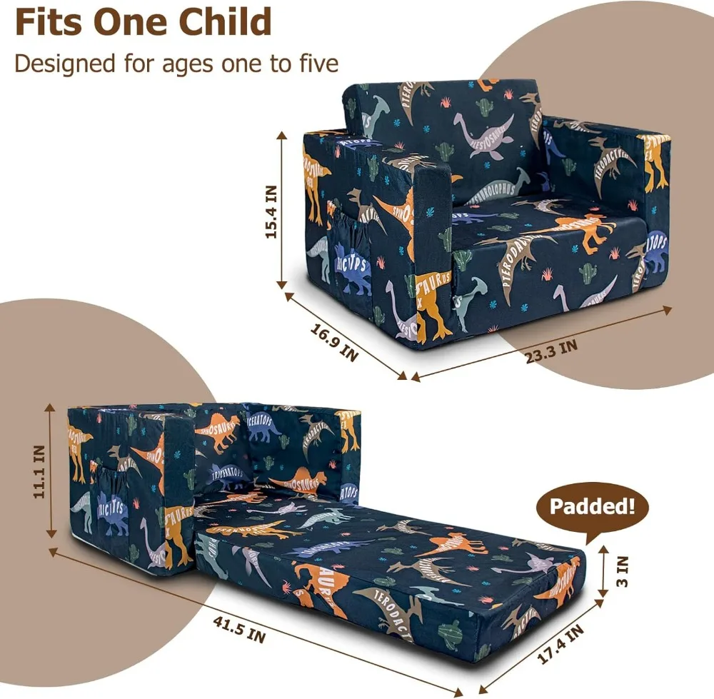 2-in-1 Kids Fold Out Couch, Convertible Sofa to Lounger for Toddlers 1-3 Years, Dinosaur Design