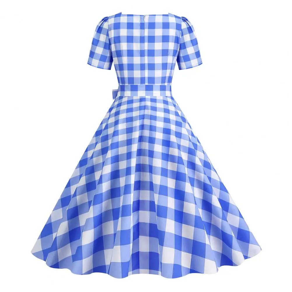 

1950s Rockabilly Dress Vintage Plaid Print Dress Square Collar A-line Swing Dress with High Waist Bowknot Decor for Women's