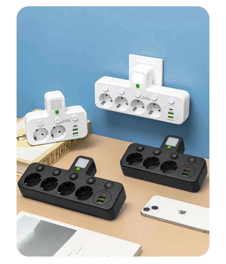 EU-Steckdose, 4 Steckdosen, Multitap-Wandsteckdosenleiste, Steckdose, 2 USBs, 1 Typ-C-Anschlüsse, kein Verlängerungskabel mit 2500 W MAX-Stromversorgung – Detail 3