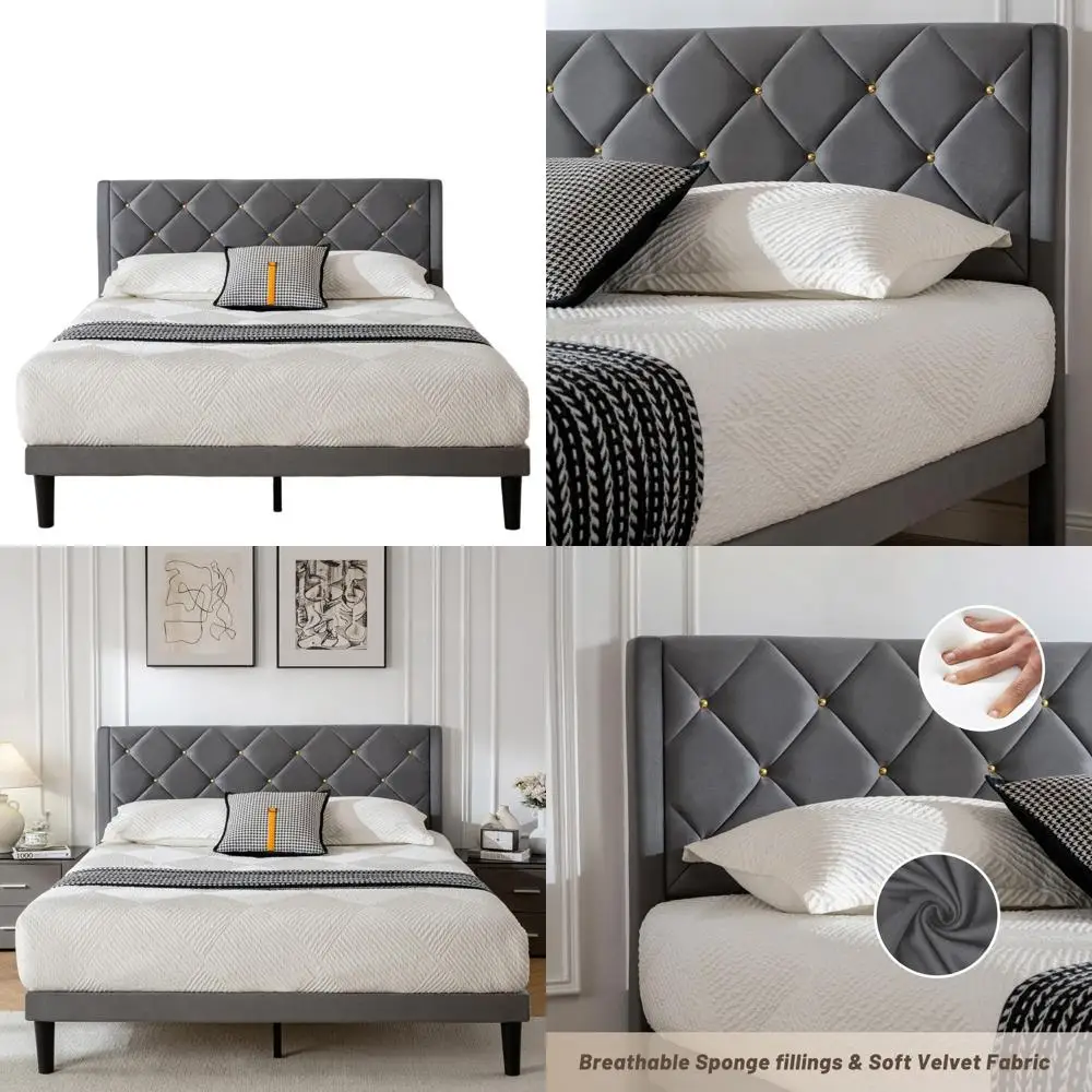 

Sturdy Wooden Slat Queen Bed with Velvet Upholstered Platform, Easy Assembly, No Box Spring Required, Grey