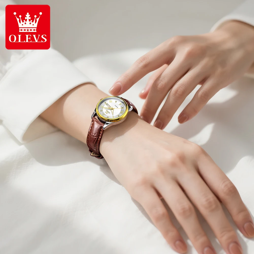 OLEVS 3649 Mens Watch Original Casual Fashion Quartz Watch Waterproof Luminous Week Date Watches For Man And Woman Leather Strap