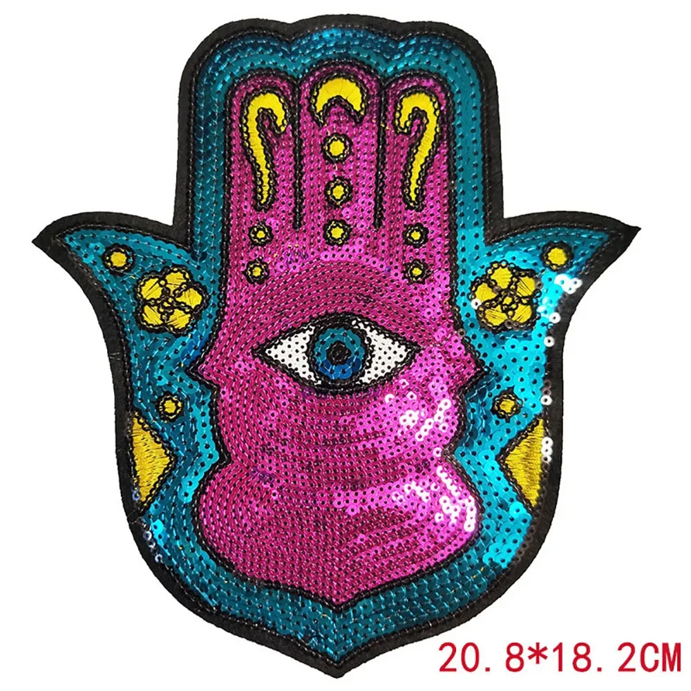 Hand Blue Eyes Sequin Patches Iron on Clothes Hamse Palm Fatima Witchcraft Embroidery Applique Fabric Badge DIY Apparel Decor