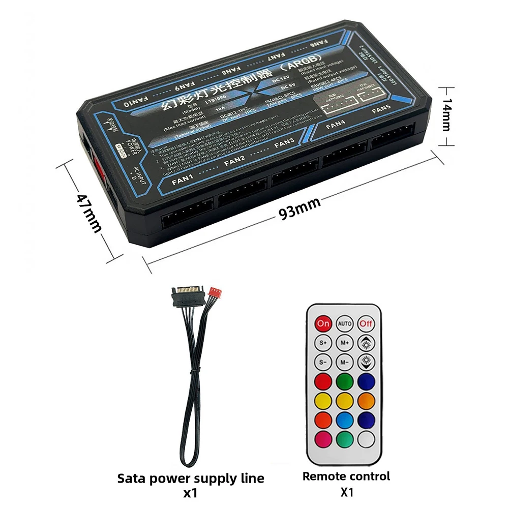 Computer Case Fan RGB Hub With 6-Pin Interface And 10+2 Wireless Remote Control Three-in-One Smart Control 5V ARGB Motherboard