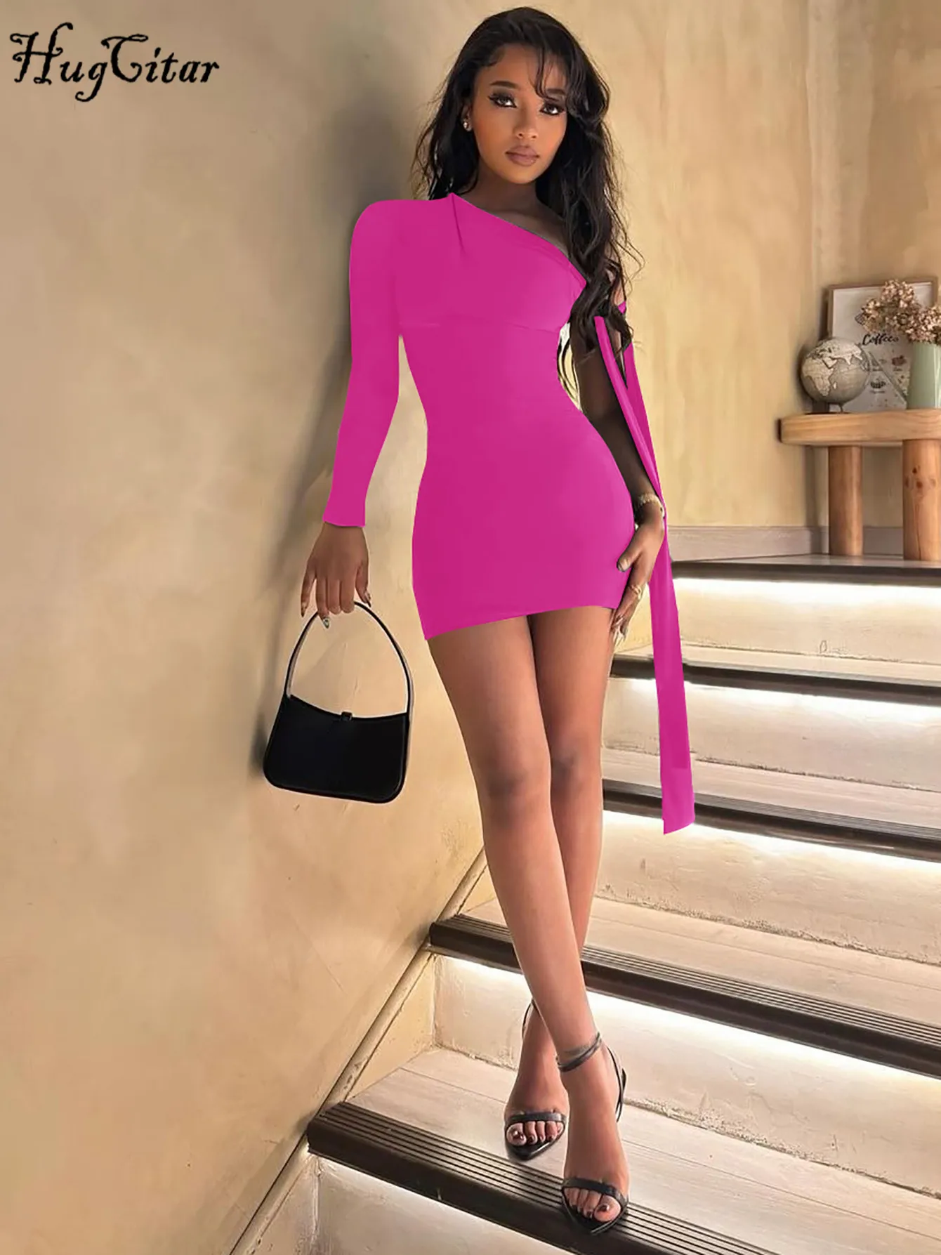 Hugcitar Elegant Solid One Shoulder Long Sleeve Bandage Irregular Sexy Bodycon Mini Dress Women Y2K Outfit Party Festival Club