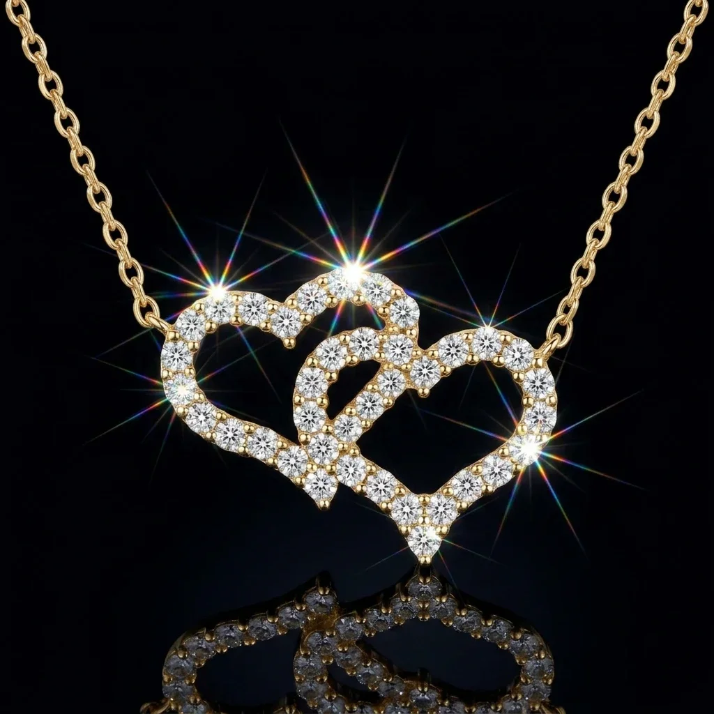 1.14CT D Color Moissanite Two Intertwined Heart Necklace S925 Silver Micro Pave 2mm Stone Love Pendant Wedding Anniversary Gift