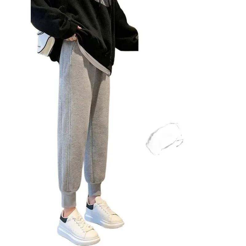 

Sports Pants Women Spring and Autumn Winter Plus Fleece Thickened Gray Casual Sweatpants New Loose Bundle Feet Small Haren Pants