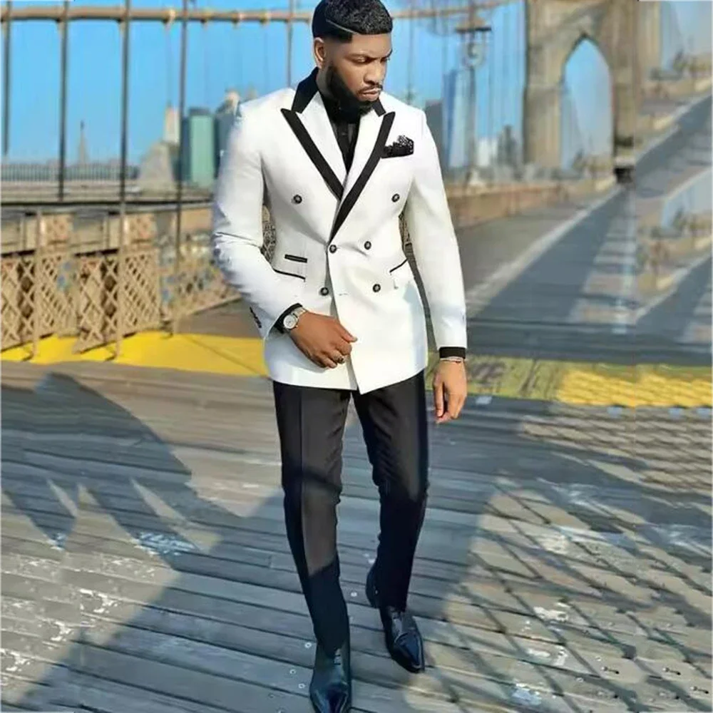 

New Tailored Made Peak Lapel Ivory Double Breasted Men Suits Groom Tuxedo Slim Fit Male Costume Homme Mariage 2 Pieces