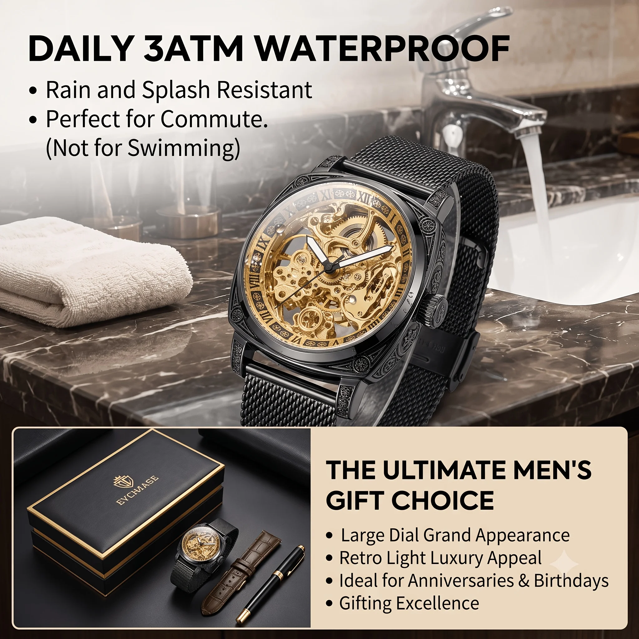 1pcs Men's Gold Dial Alloy Strap Vintage Fashion Skeleton Gear Luxury Details Mechanical Watch for Daily Business Party Holiday
