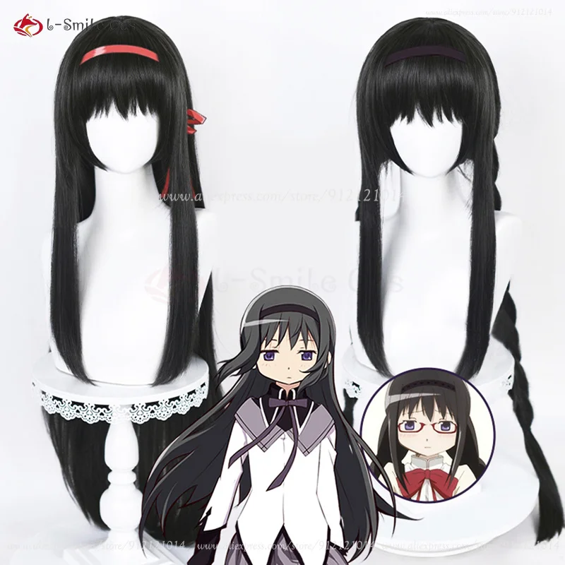 Pelucas de Anime Akemi Homura para mujer, peluca de Cosplay de 90cm de largo, cabello trenzado negro, pelucas de fiesta de Halloween + gorro de peluca