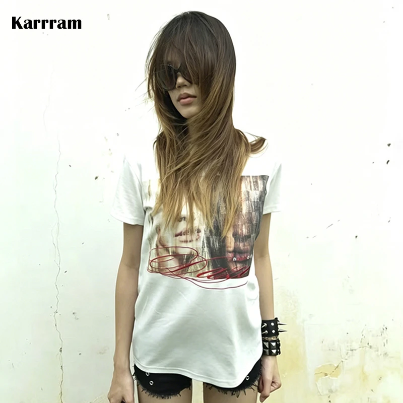 Karrram Japanese Y2k Portrait Print T-shirt Trashy 2000s Grunge Short Sleeve T Shirt Vintage Harajuku Streetwear American Retro