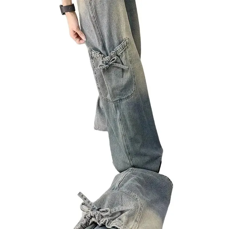 Vaqueros de mezclilla con lazo Retro americano para mujer primavera otoño nuevos pantalones de pierna ancha ajustados de cintura alta con múltiples bolsillos