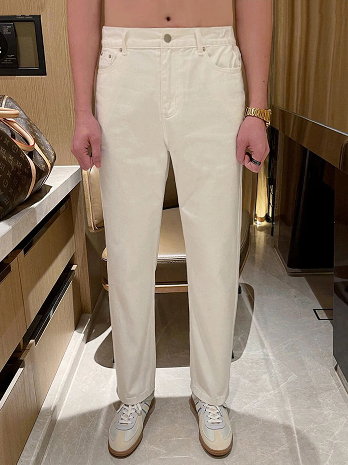 

Casual Straight Leg Men's Jeans High ade White New Autumn Vintage Waed Slim Bla Denim Pants mid Waist Five ket Sle