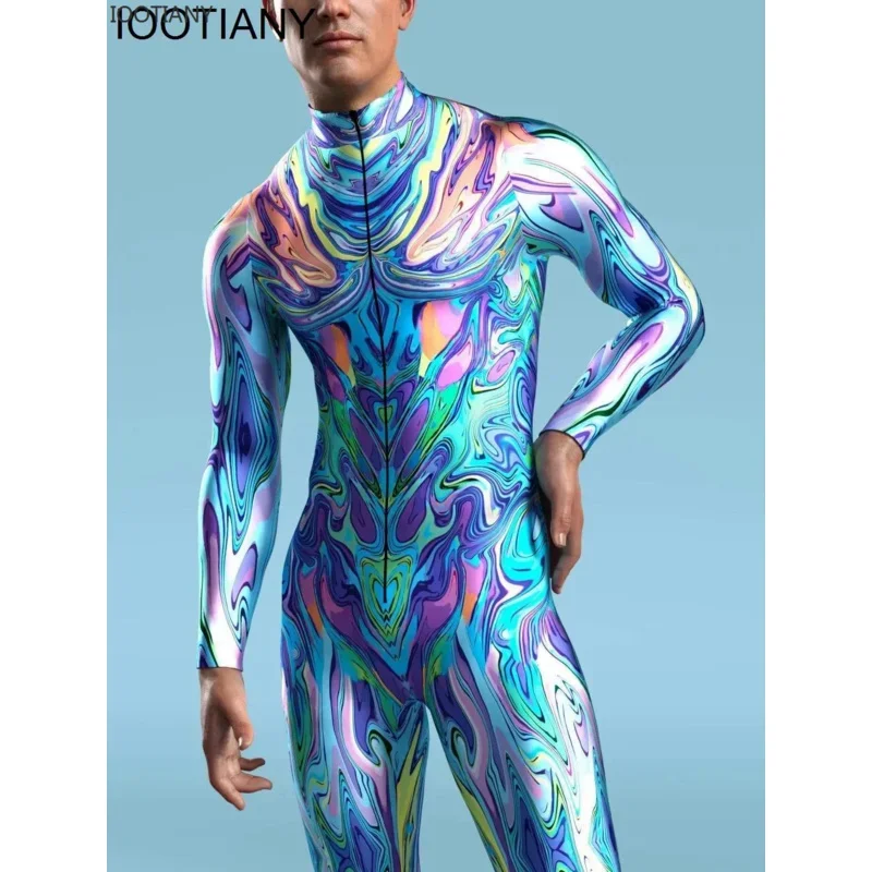 Bodysuit Zentai máquina de impressão para homens, Cosplay magro, Catsuit, traje Trippy, macacão com zíper frontal, elástico Rave, terno festival