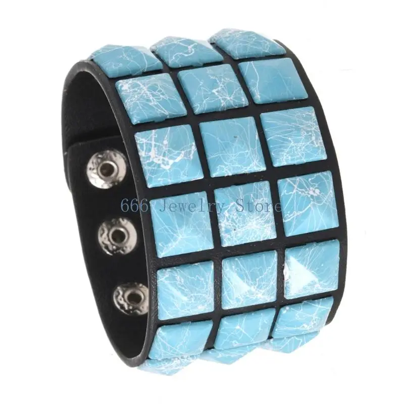 F2TD Square Studded Leather Punk Bracelet Adjustable Soft Comfortable Wristlet for Men Women Fashion Accessory