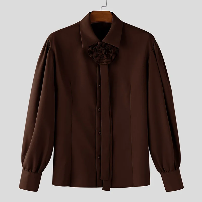 INCERUN Men Shirt Flower Solid Color Lapel Long Sleeve Casual Men Clothing Loose Korean Style Fashion Streetwear Male Shirts