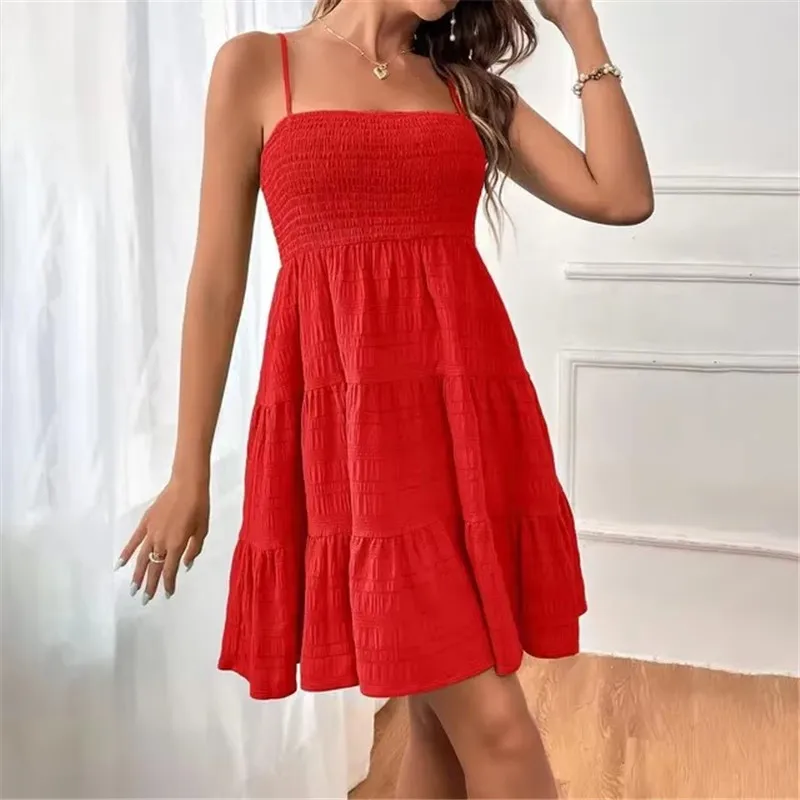 Gaun pantai Bohemian gaun Mini ayun besar tanpa lengan seksi wanita gaun ruffle tali spageti Solid musim panas Vestidos