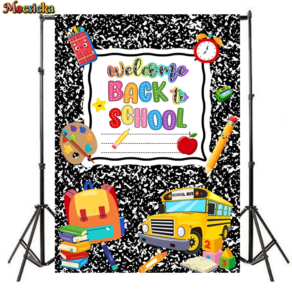 Mocsickawelcome Back To School Photography Backdrop Colorful School Bus Backpack Student Photo Background Studio Props Wallpaper