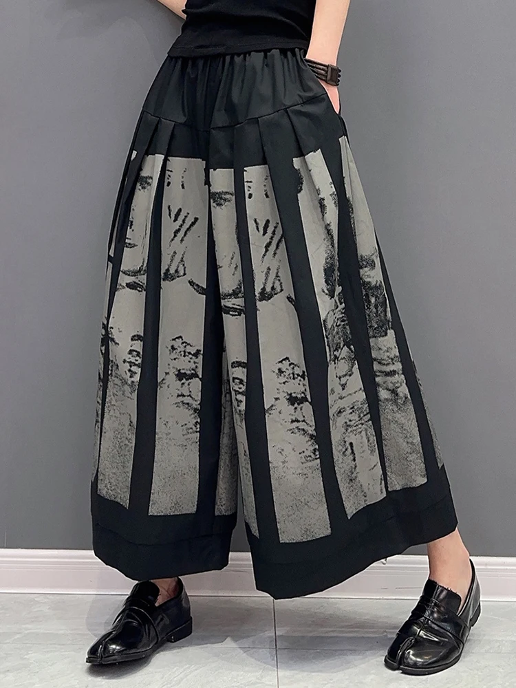 [EAM] High Elastic Waist Black Printed Pleated Long Wide Leg Pants New Trousers Women Fashion Tide Spring Autumn 2024 1DF6290