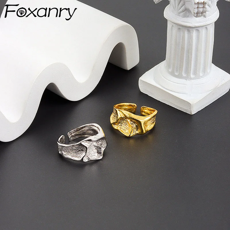 Foxanry Irregular Uneven Texture Open Ring For Women Couples Creative Design Simple Fashion Daily Party Jewelry Accessories Gift