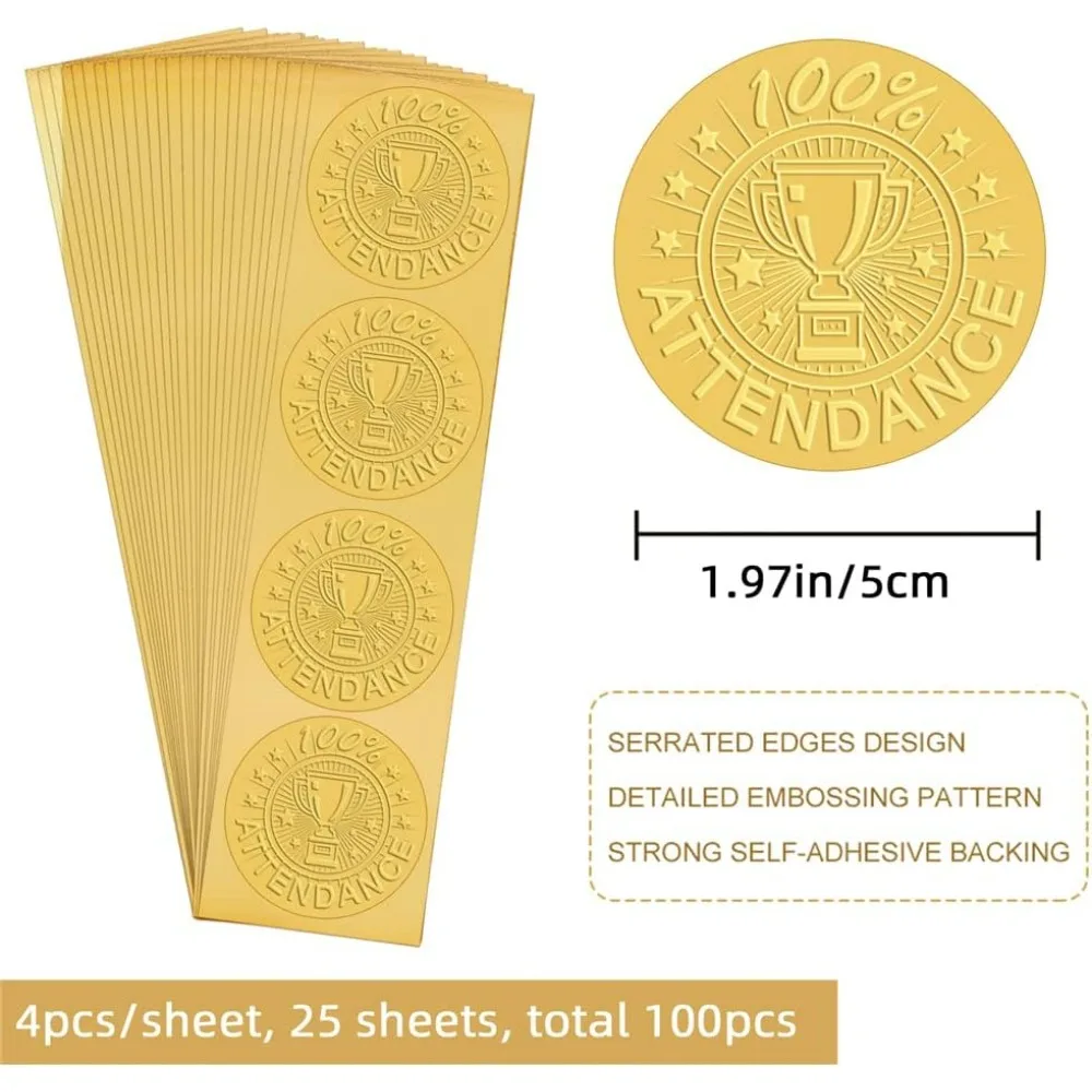 100% Attendance Gold Embossed Seals Stickers Certificate Award Envelope 2