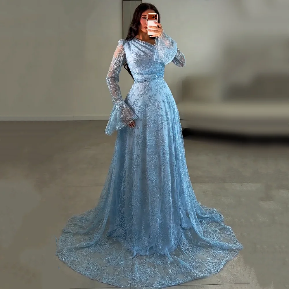 Maßgeschneidertes Hochwertiges Spitzen-Partykleid Hochzeitskleid mit Langen Ärmeln Glitzer A-Linie Bodenlange Formelle Abendrobe