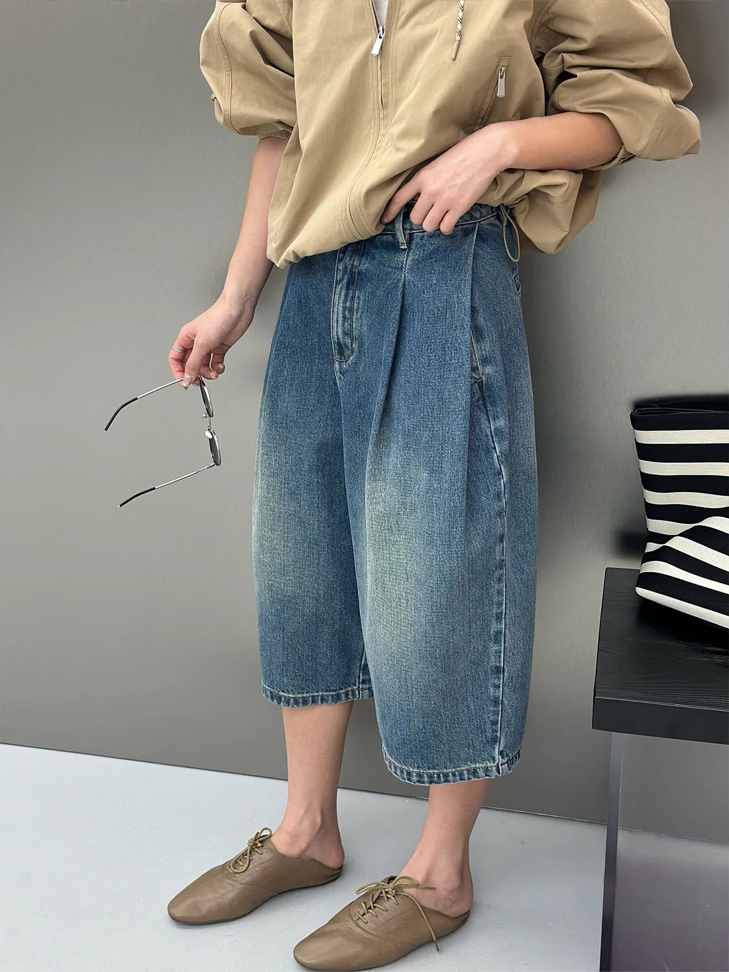 

BodhlCat High Waist Pleated Denim Retro Style Neutral Loose Fit Seven Inch Pants Versatile Casual Cotton Blend Spring Wear