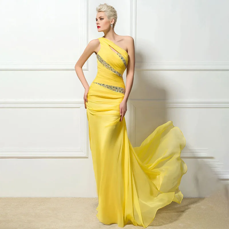 Modern One Shoulder Mermaid Evening Dresses Pleats Beaded Long Prom Dress Backless Yellow Formal Party Events Gowns For Women