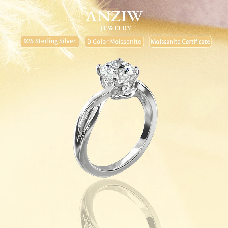 

Anziw 6.5mm 1CT Moissanite Rings for Women 925 Silver 18k Gold Plated Twist Shank Ring Vintage Wedding Engagement Finger Jewelry